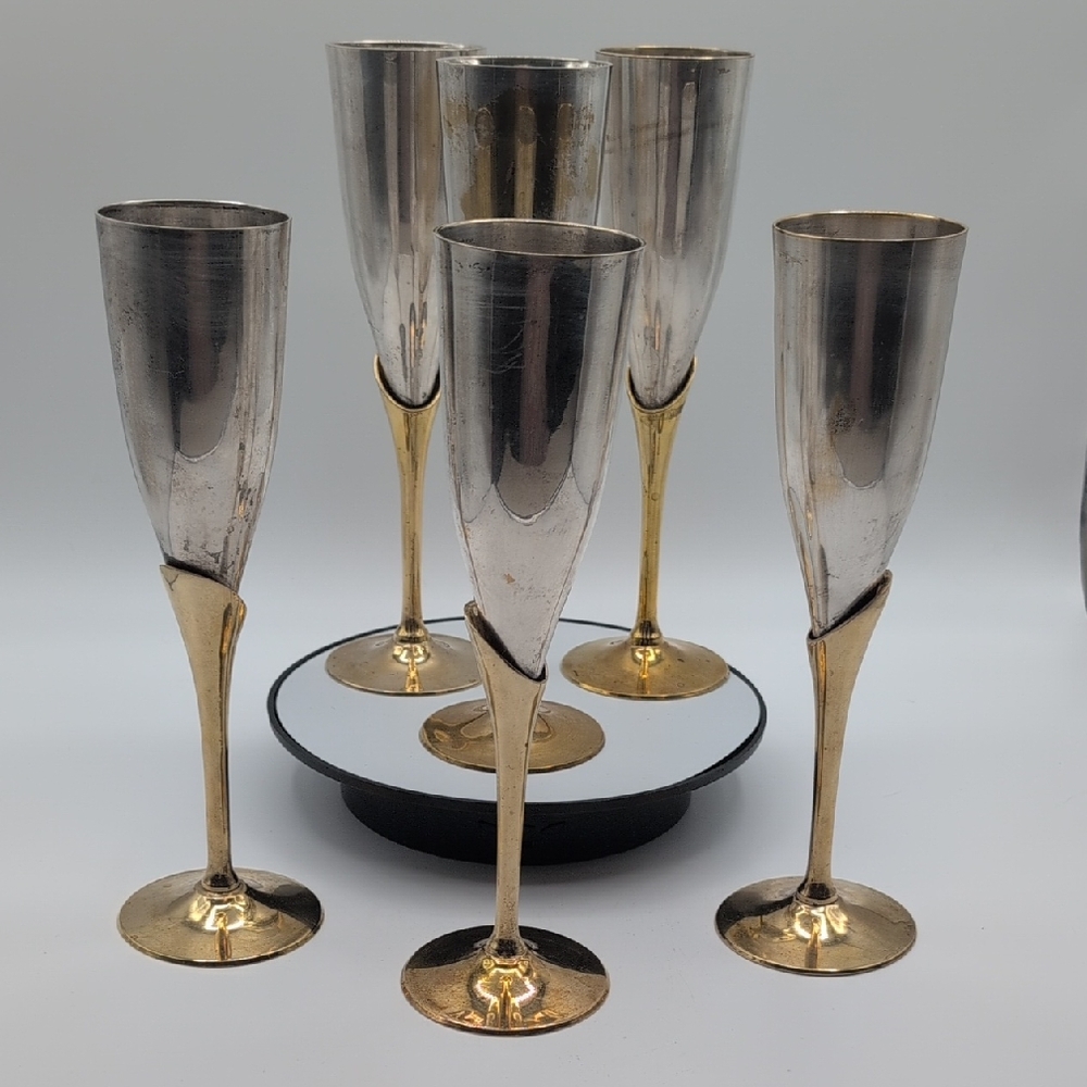 Elegant Brass And Silver Plated Goblet Champagne Flutes Set Of Six